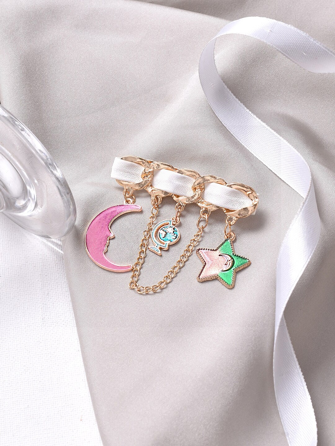 

JOKER & WITCH Women Gold-Toned & White Star & Moon Shaped Charm Brooch