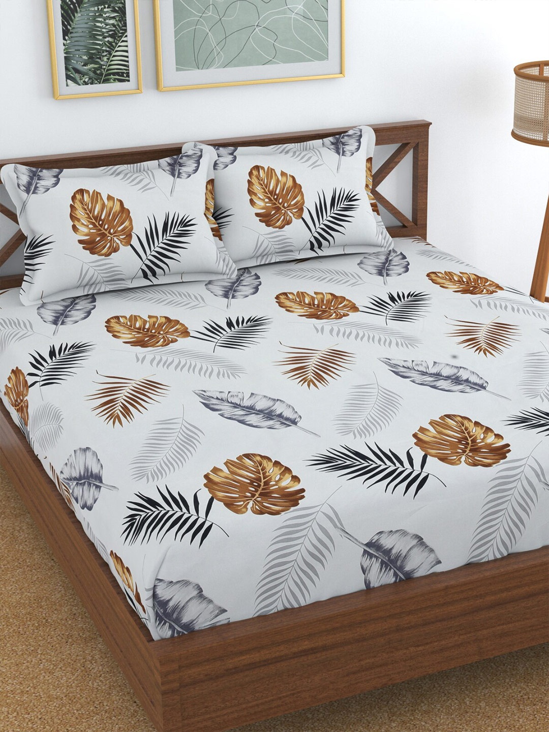 

Florida White & Brown 144 TC Queen Floral Bed Sheet with 2 Pillow Covers