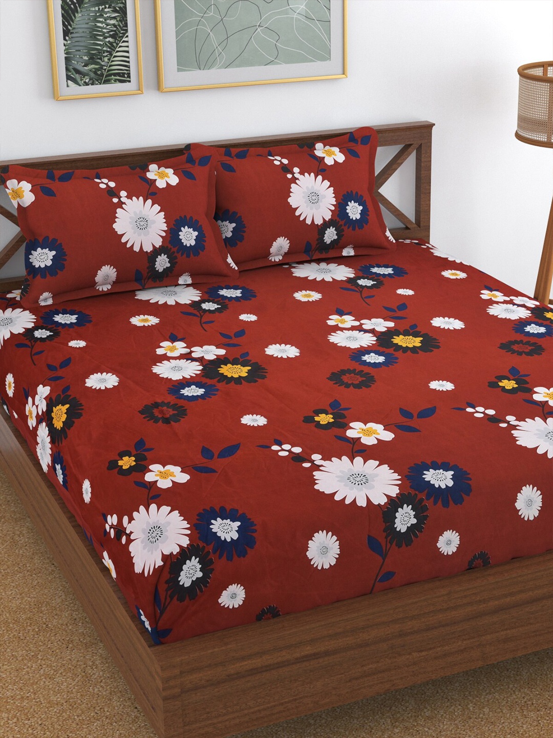 

Florida Maroon & White Floral 144 TC Queen Bedsheet with 2 Pillow Covers