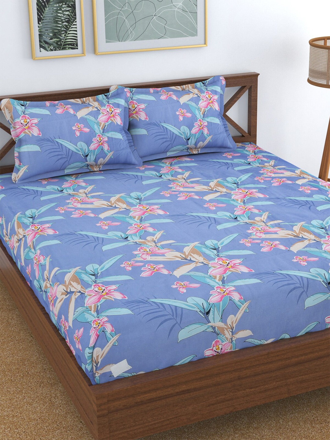 

Florida Blue & Pink Floral 144 TC King Bedsheet with 2 Pillow Covers