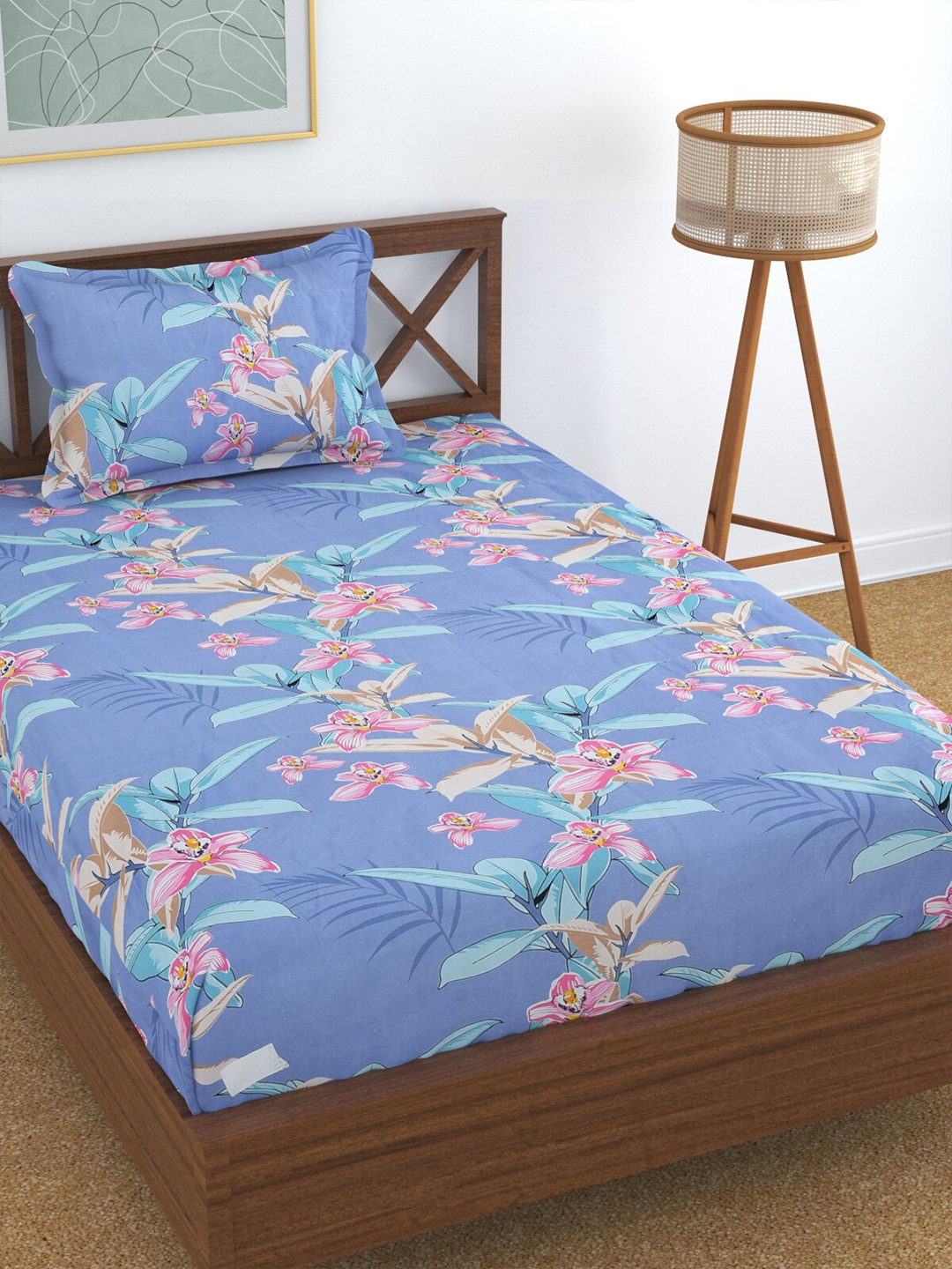 

Florida Blue & Pink Floral 144 TC Single Bedsheet with 1 Pillow Cover