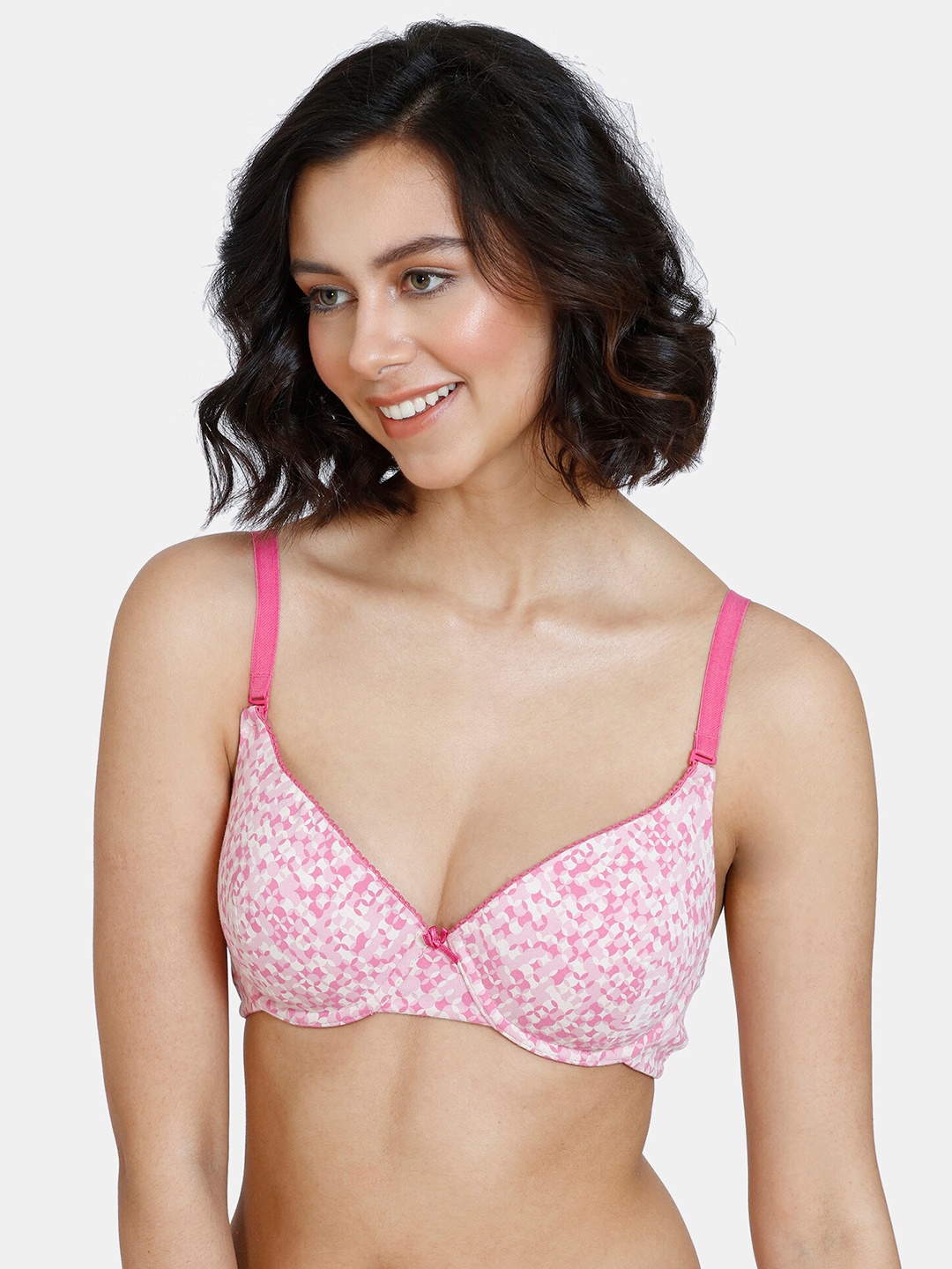 

Zivame Pink & White Abstract Bra Underwired Lightly Padded