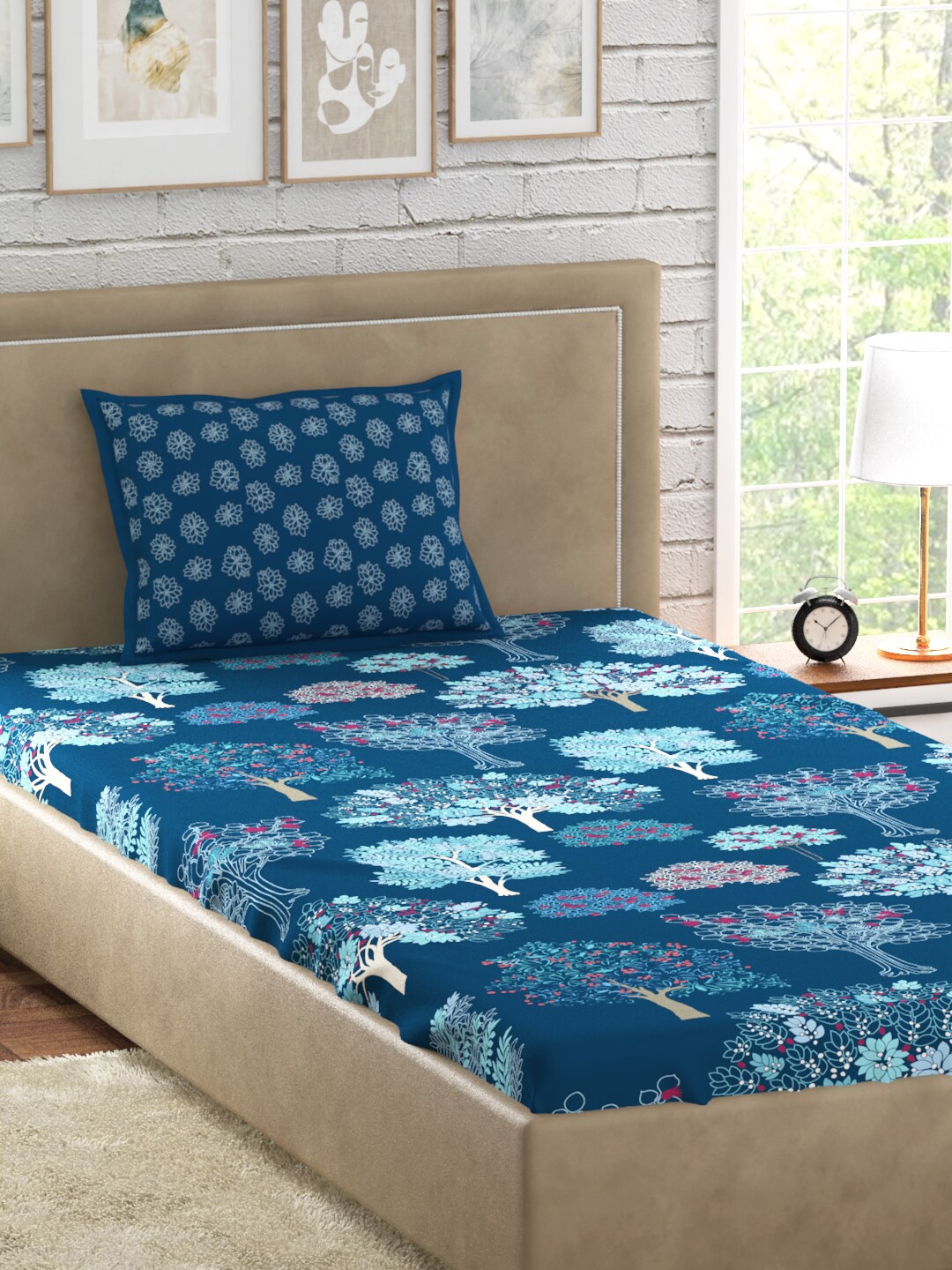 

PETAL HOME Blue Floral 300 TC Single Bedsheet with 1 Pillow Covers
