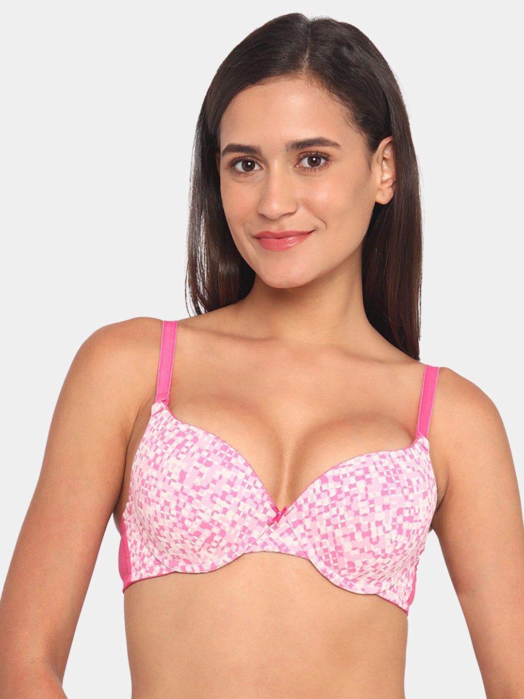 

Zivame Pink & White Geometric Bra Underwired Lightly Padded ZI10Y7FASHAPINK