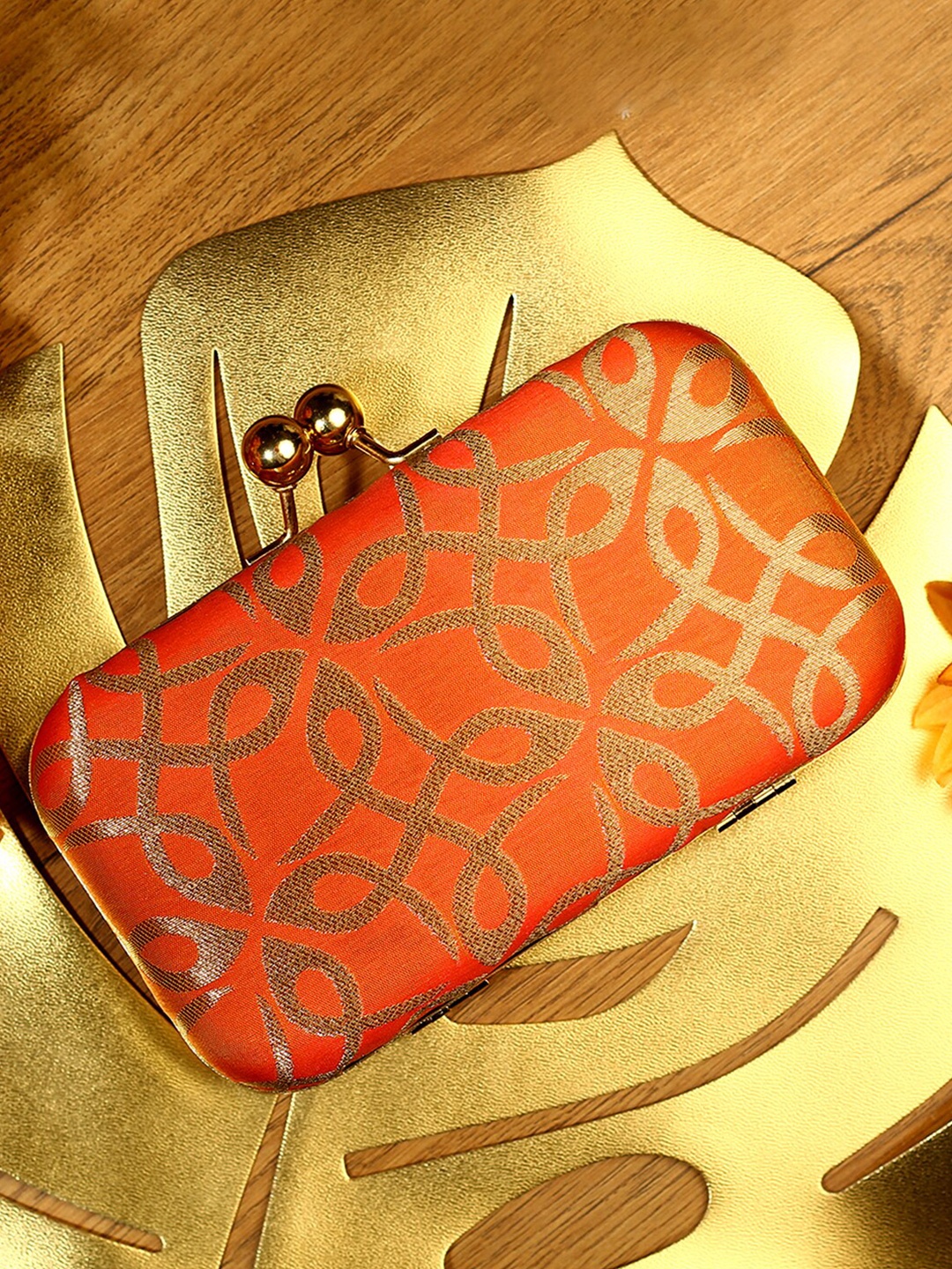 

TRINK Peach-Coloured & Gold-Toned Printed Box Clutch