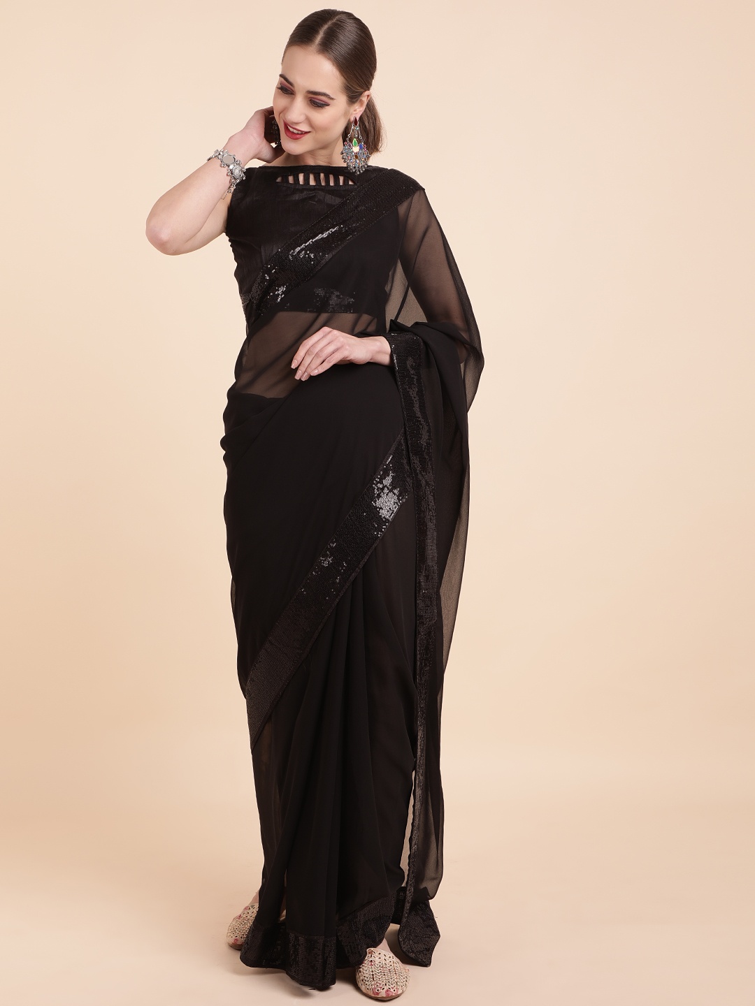 

Sangria Black Sequinned Pure Georgette Saree