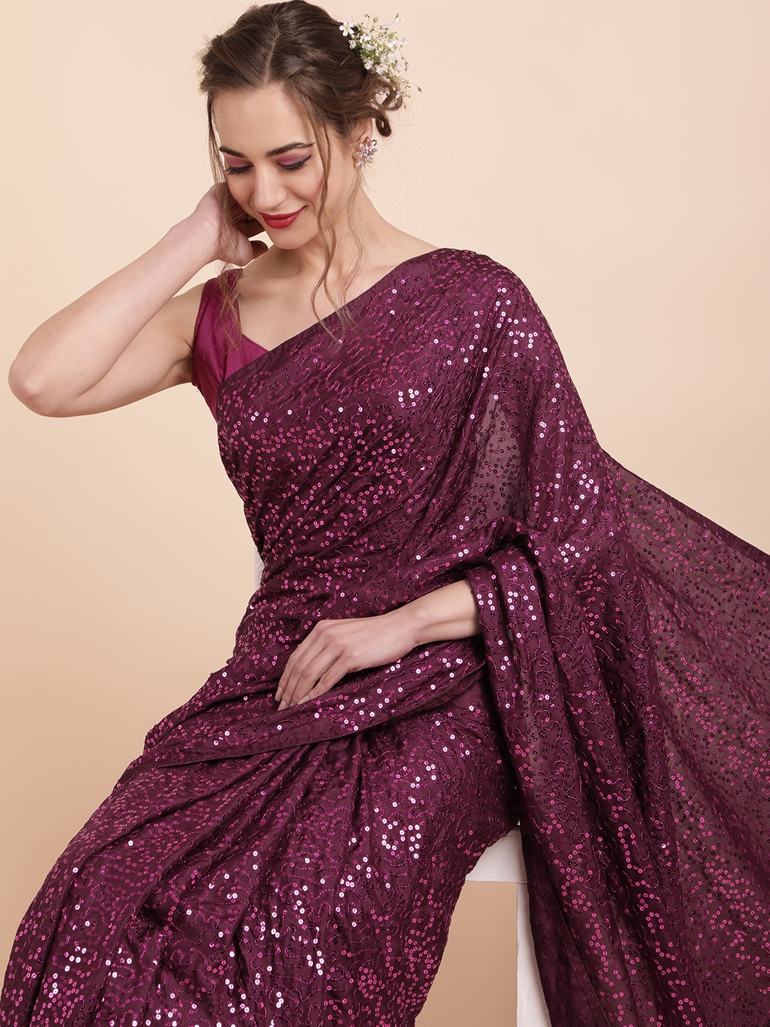 

Sangria Burgundy Embellished Sequinned Pure Georgette Saree