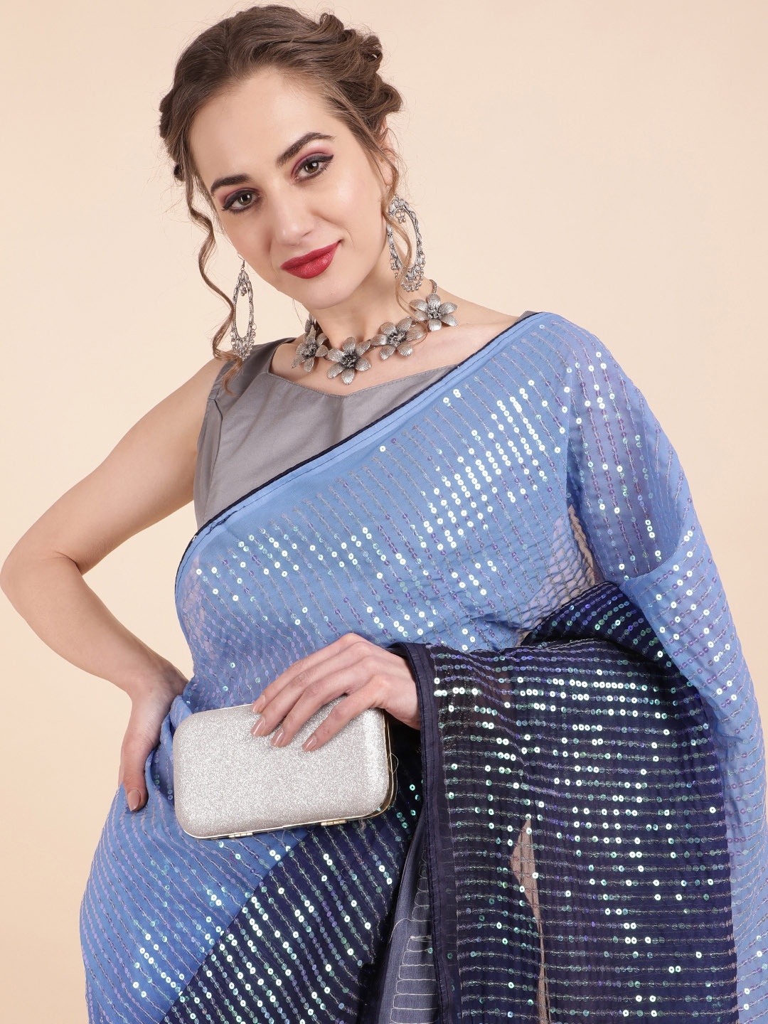 

Sangria Blue & Silver-Toned Embellished Sequinned Pure Georgette Saree