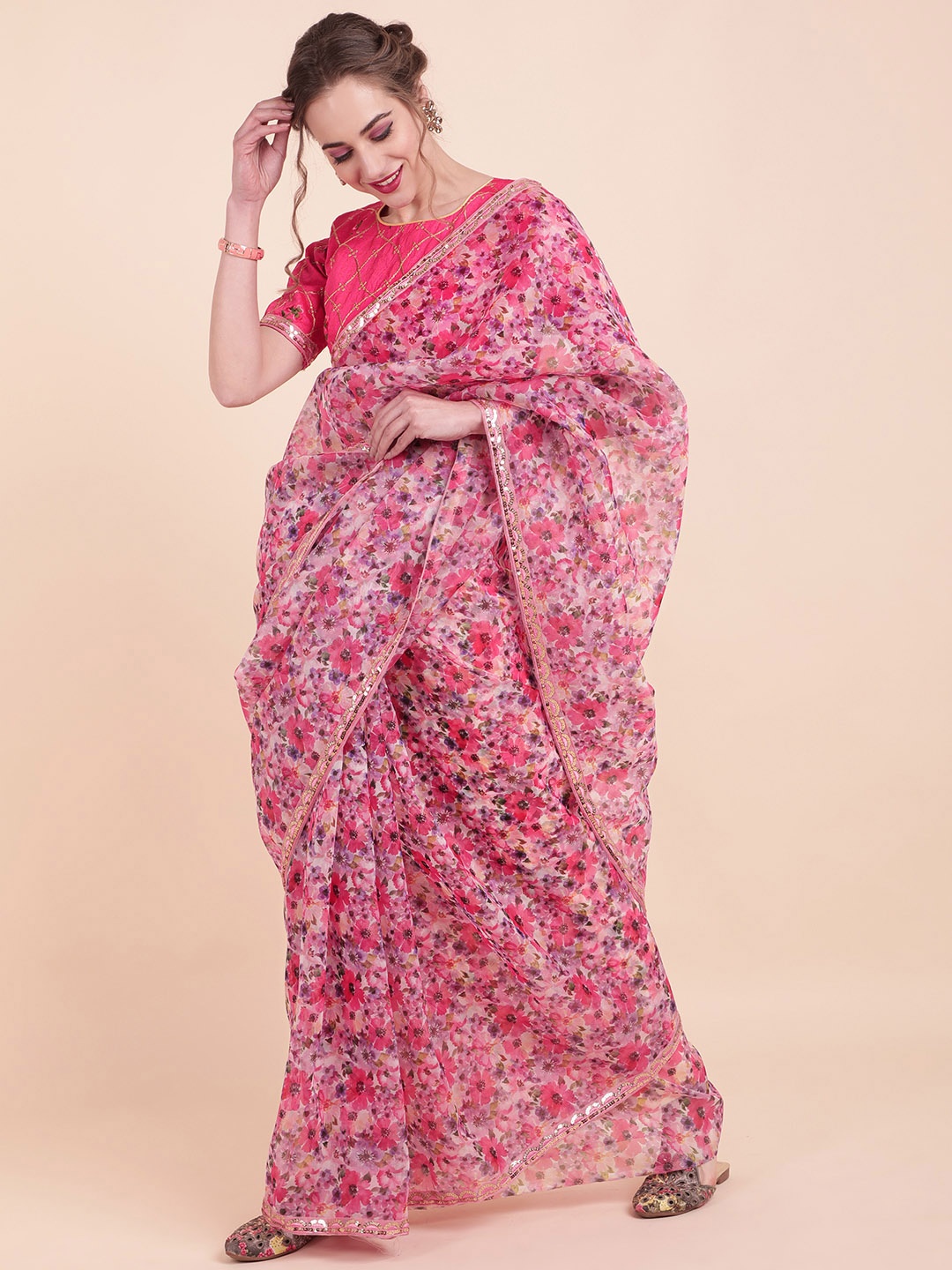 

Sangria Pink & Purple Floral Sequinned Organza Saree