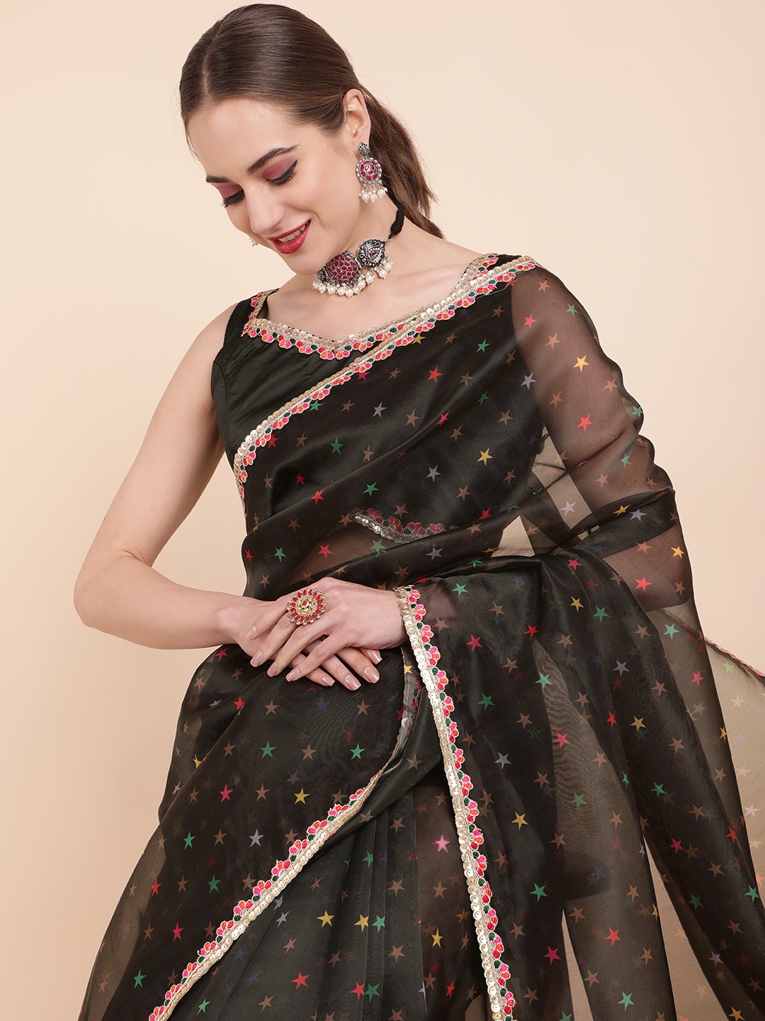 

Sangria Black & Multi Color Geometric Printed Organza Saree