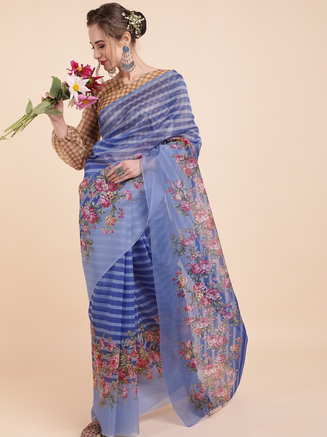 

Sangria Blue & Pink Floral Organza Saree