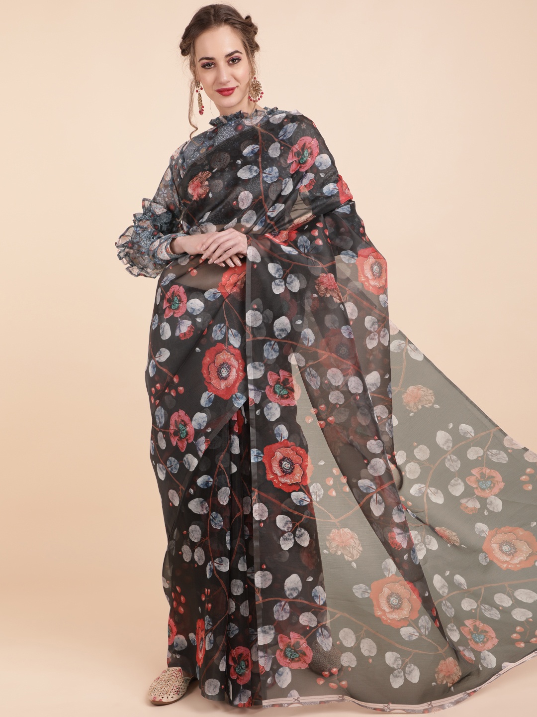 

Sangria Black & Red Floral Printed Organza Saree