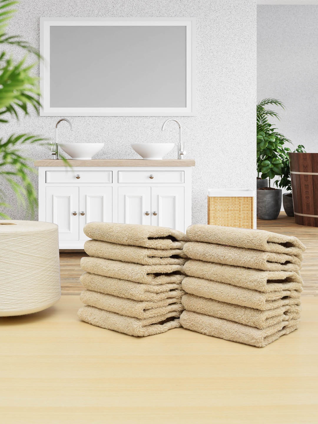 

RANGOLI Set Of 12 Beige Striped 650 GSM Pure Cotton Face Towels