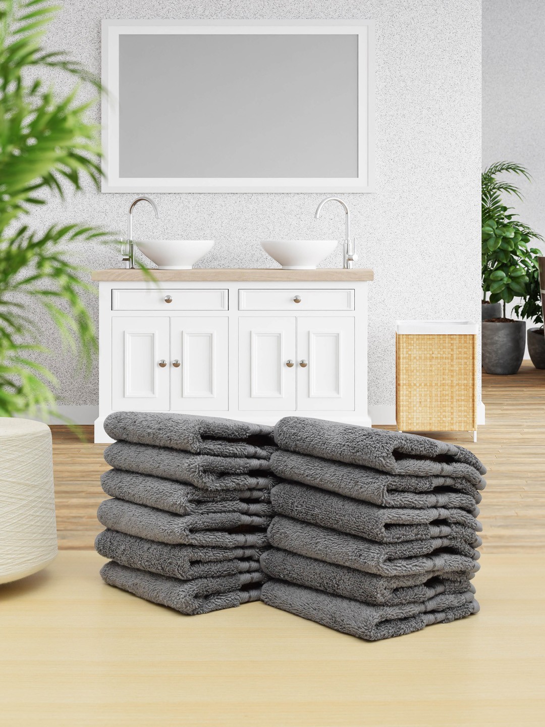 

RANGOLI Set of 12 Grey Solid Cotton 650 GSM Face Towel