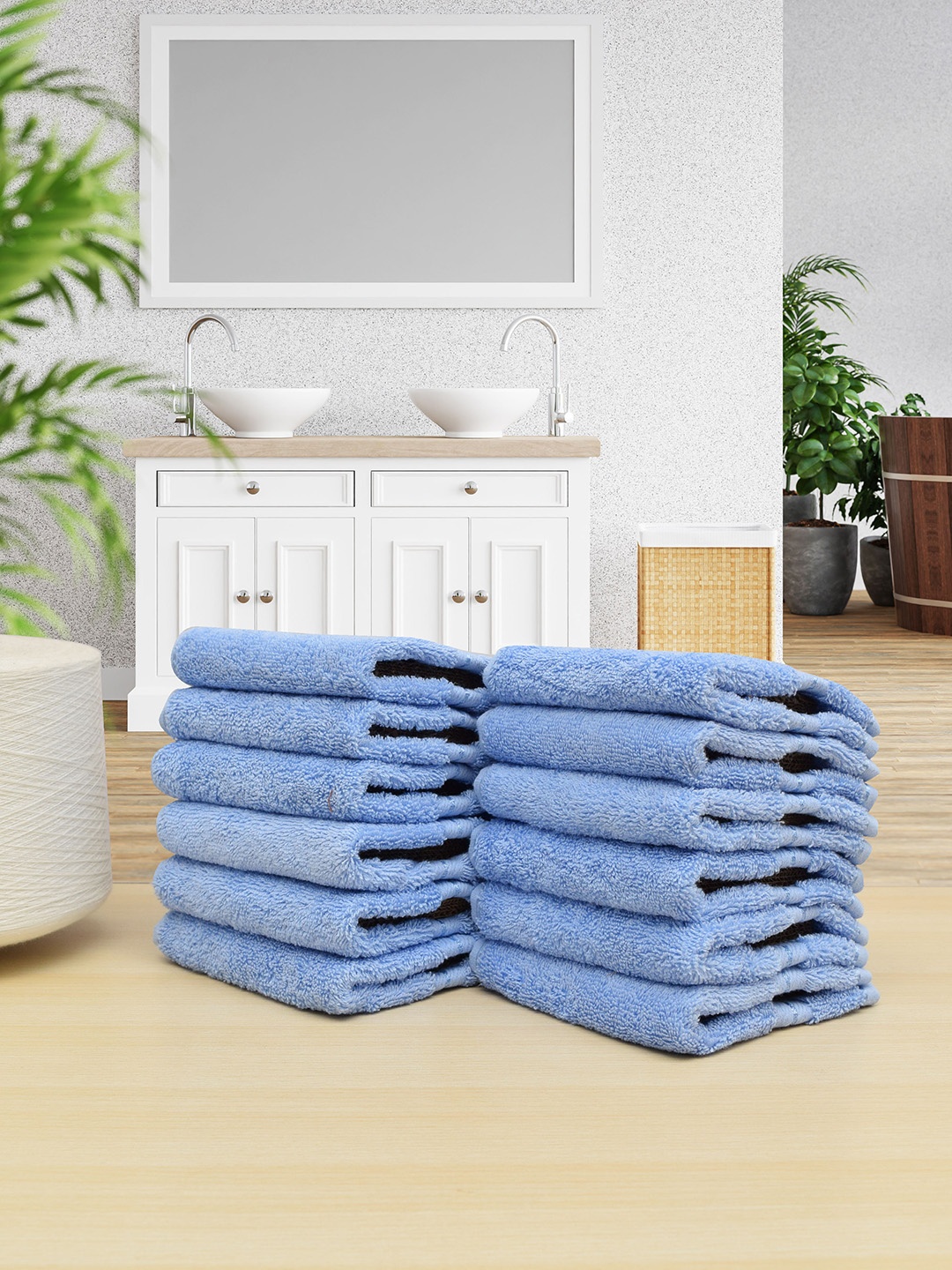 

RANGOLI Set Of 12 Blue Solid 620 GSM Extra Soft Pure Cotton Face Towels
