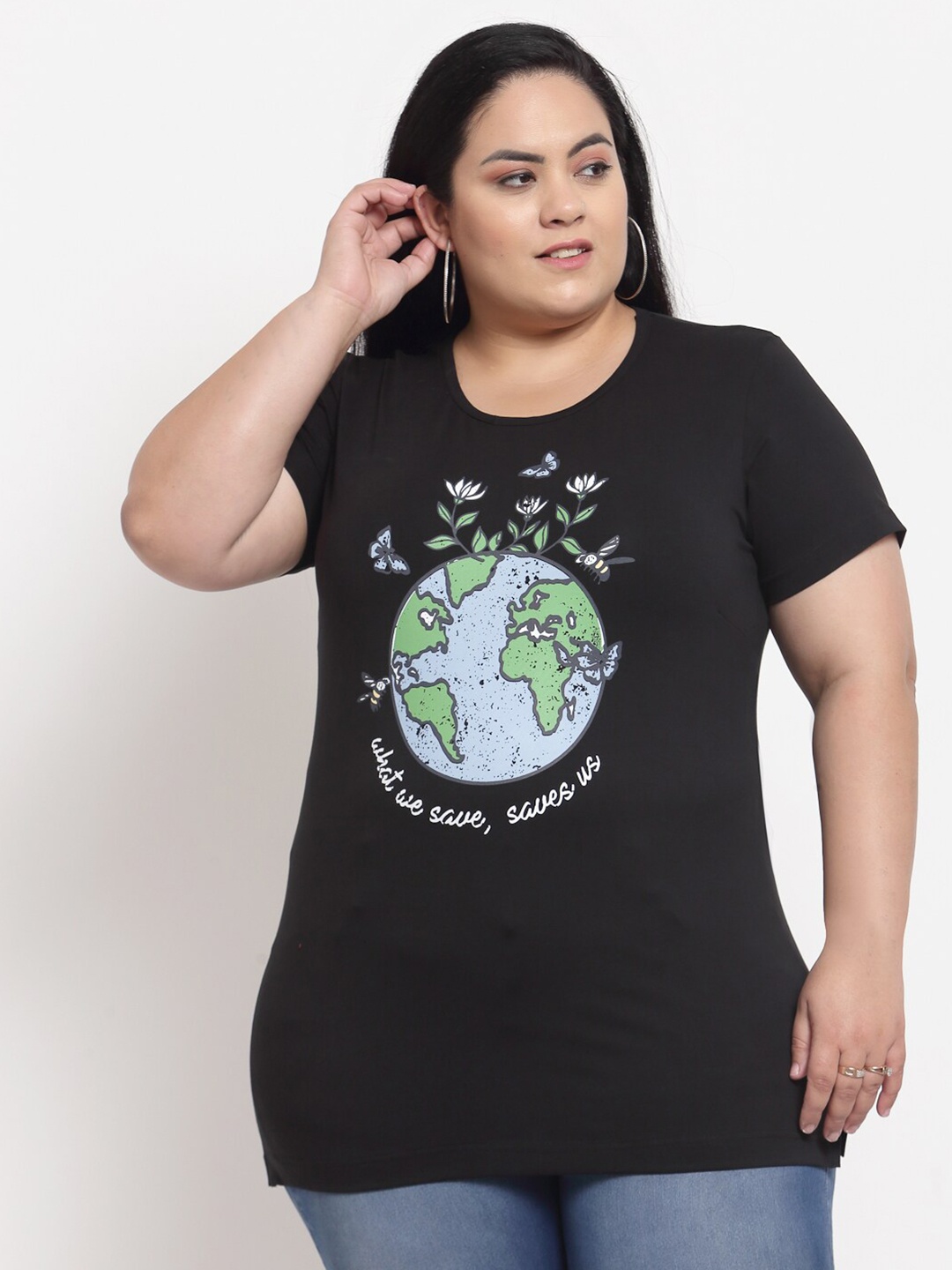 

plusS Women Plus Size Black & Blue Cotton Printed T-shirt