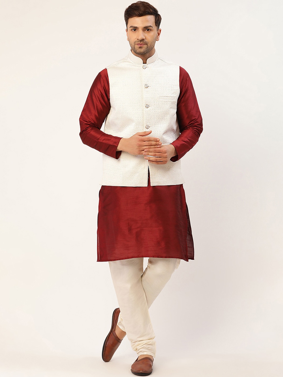 

Jompers Men White & Red Kurta with Churidar With Floral Embroidered Nehru Jacket