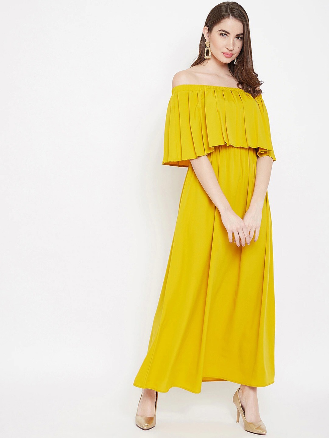

Berrylush Yellow Off-Shoulder Layered Crepe Maxi Dress