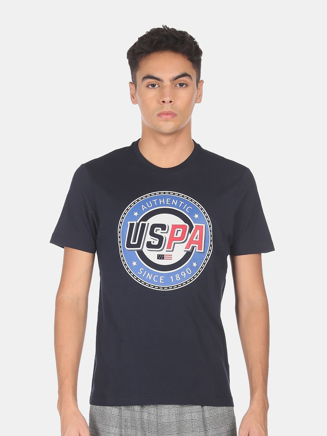 

U.S. Polo Assn. Men Blue & White Typography Printed Pure Cotton T-shirt