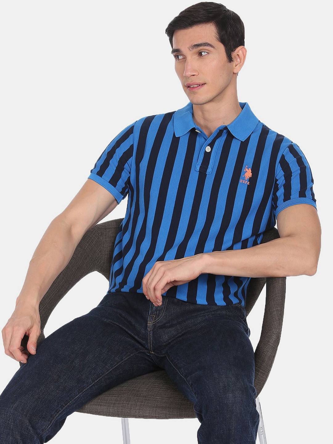 

U S Polo Assn Men Blue Striped Polo Collar T-shirt