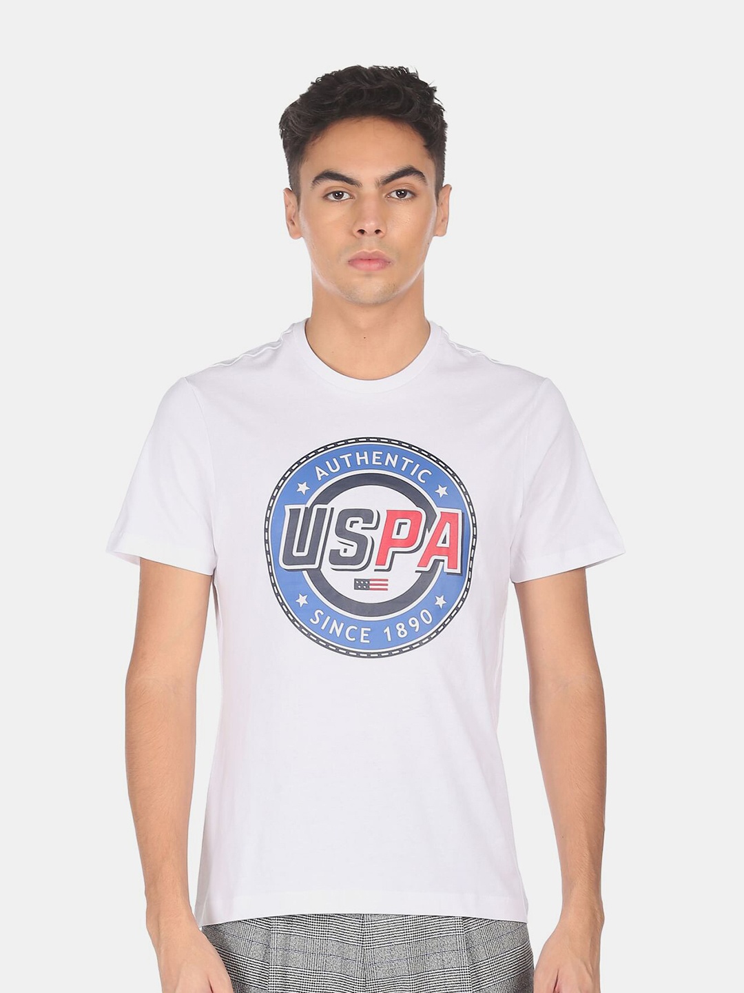 

U S Polo Assn Men White Printed Cotton T-shirt