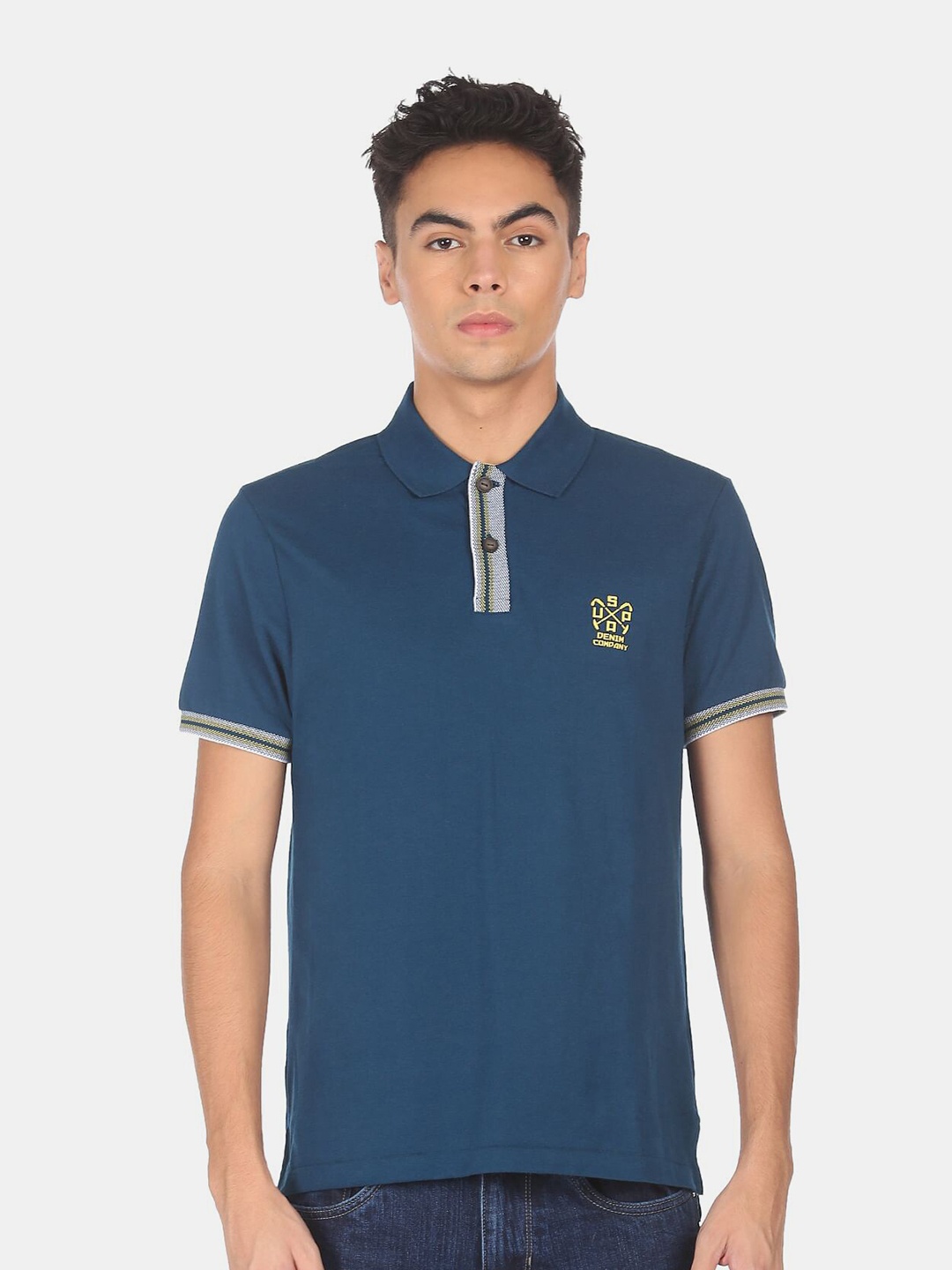 

U.S. Polo Assn. Denim Co. Denim Co. Men Navy Blue Solid Polo Collar T-shirt