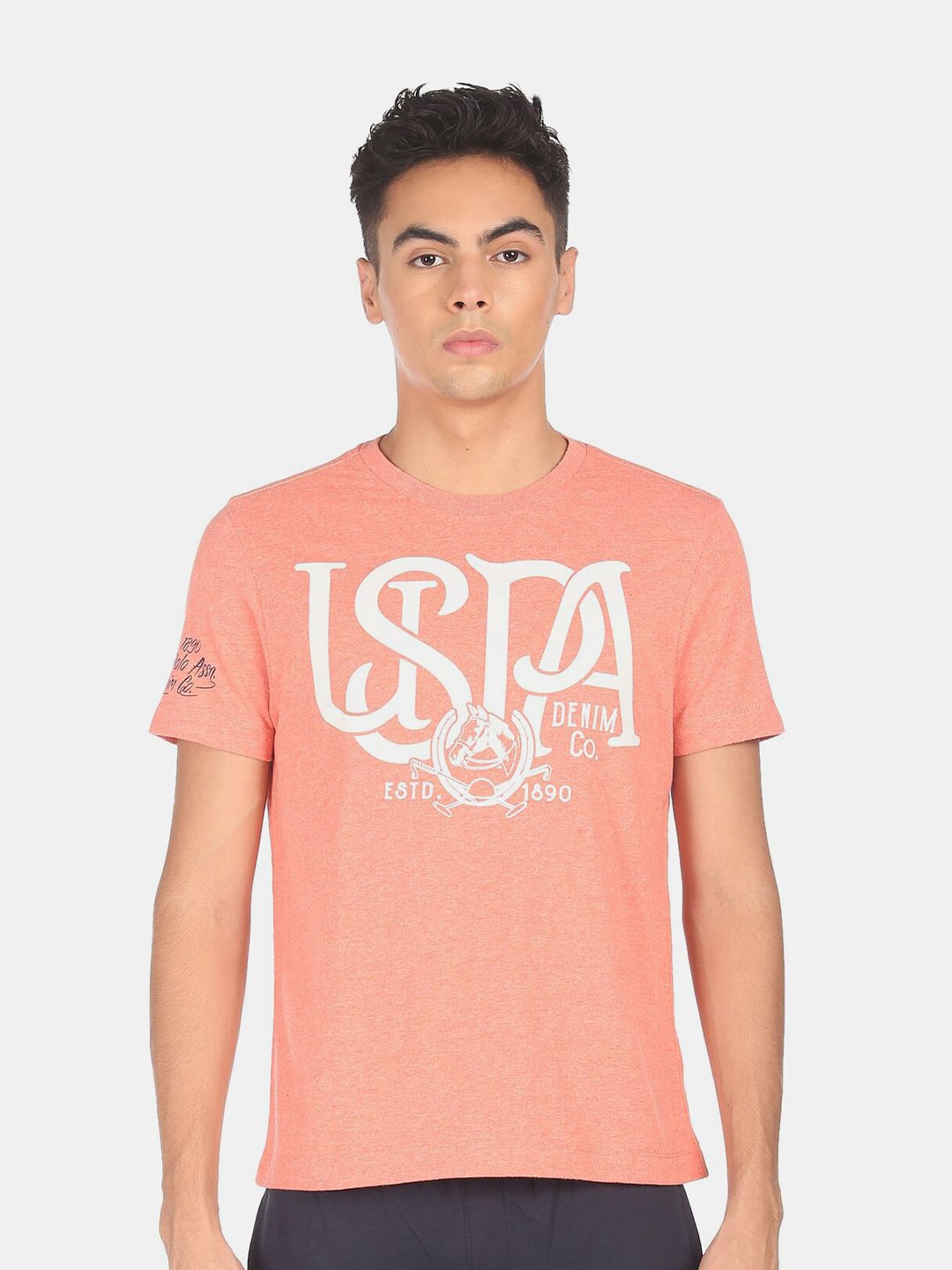 

U.S. Polo Assn. Denim Co. Men Peach-Coloured & White Typography Printed T-shirt