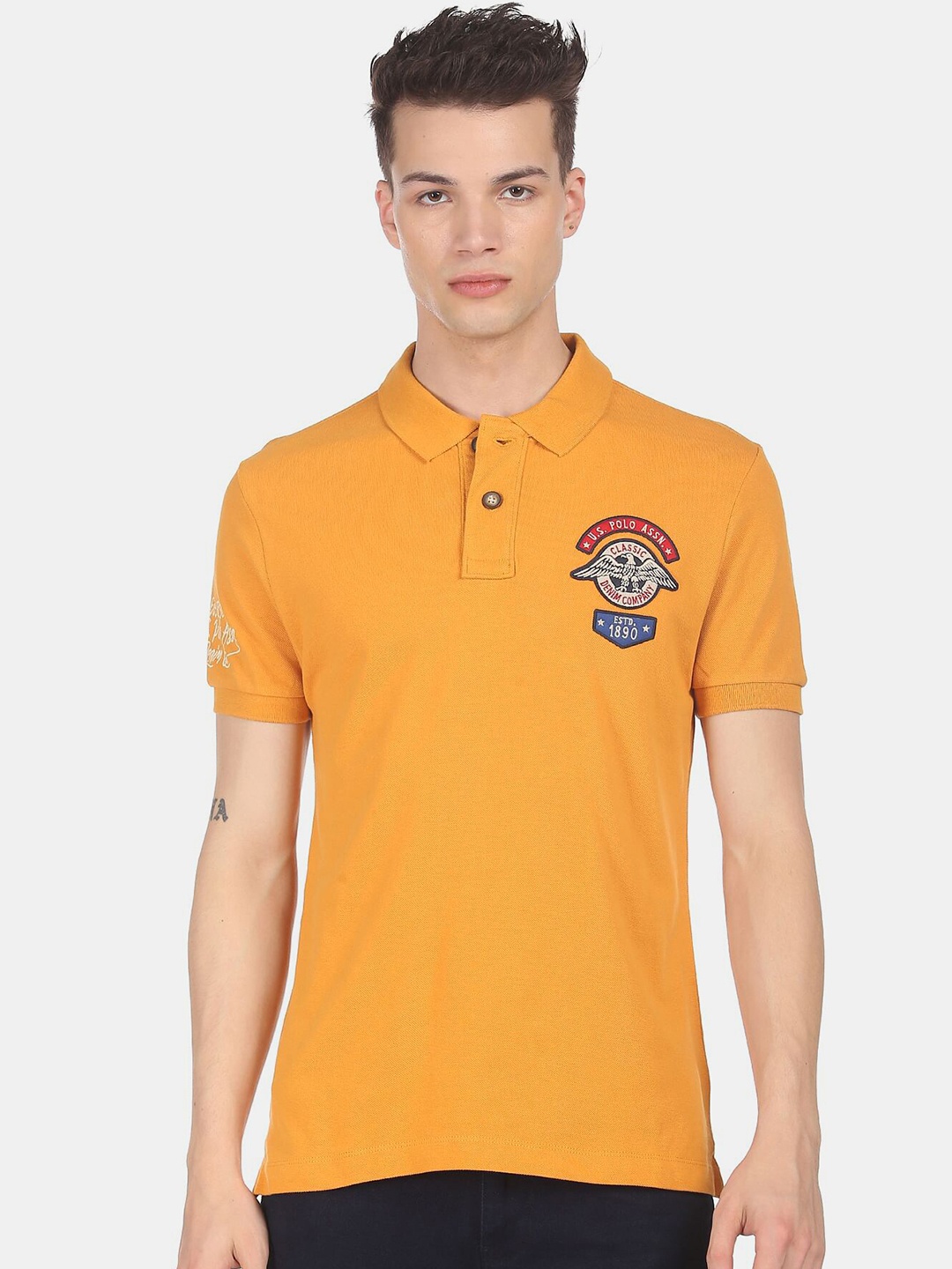 

U.S. Polo Assn. Denim Co. Men Yellow Polo Collar Applique Cotton T-shirt