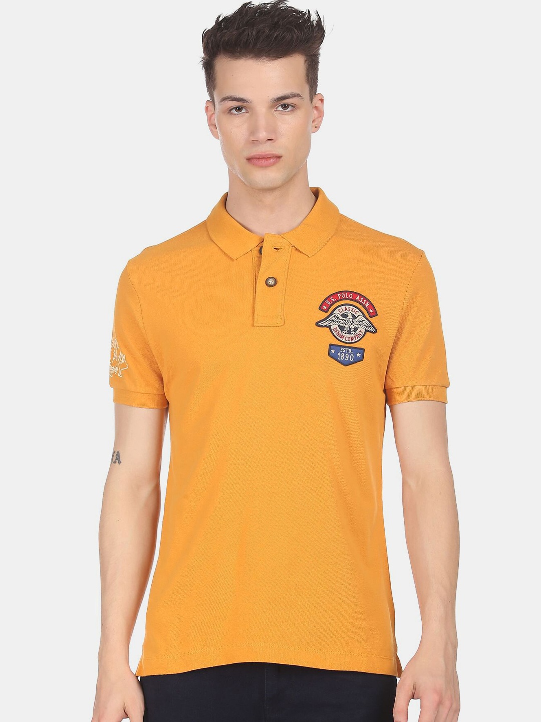 

U.S. Polo Assn. Denim Co. Men Mustard Yellow Typography Polo Collar Cotton T-shirt