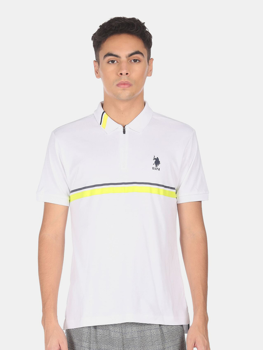

U.S. Polo Assn. Men White Striped Polo Collar Cotton T-shirt