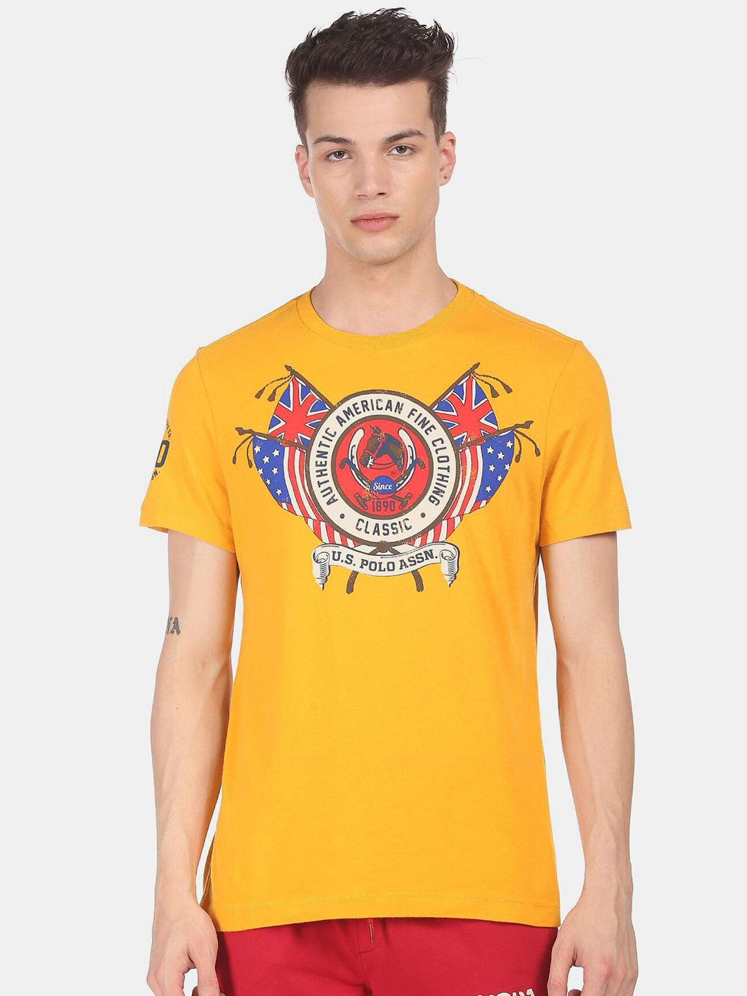 

U.S. Polo Assn. Denim Co. Men Yellow Graphic Printed Applique T-shirt