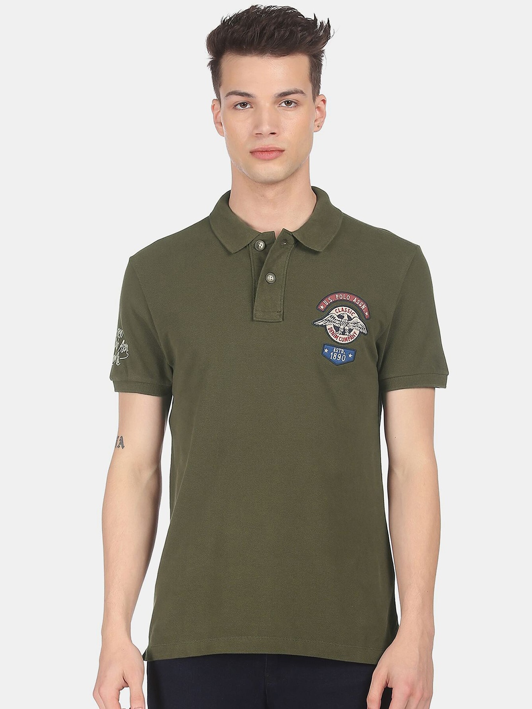 

U.S. Polo Assn. Denim Co. Men Green Polo Collar Applique Cotton T-shirt