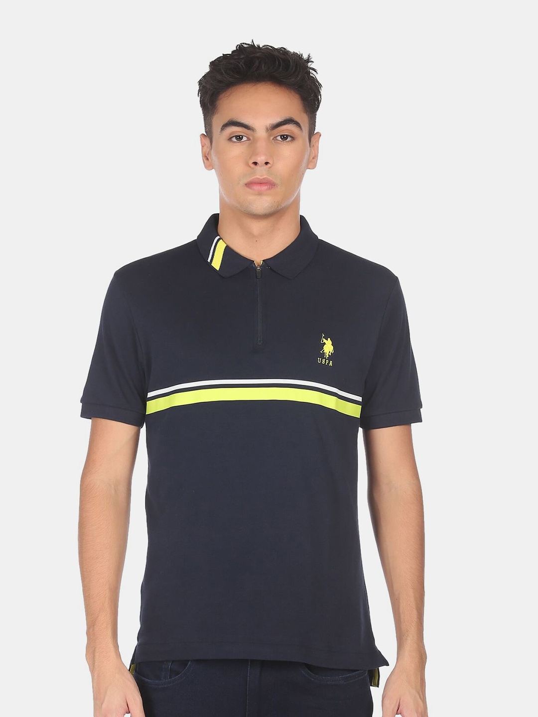 

U S Polo Assn Men Navy Blue Striped Polo Collar Cotton T-shirt