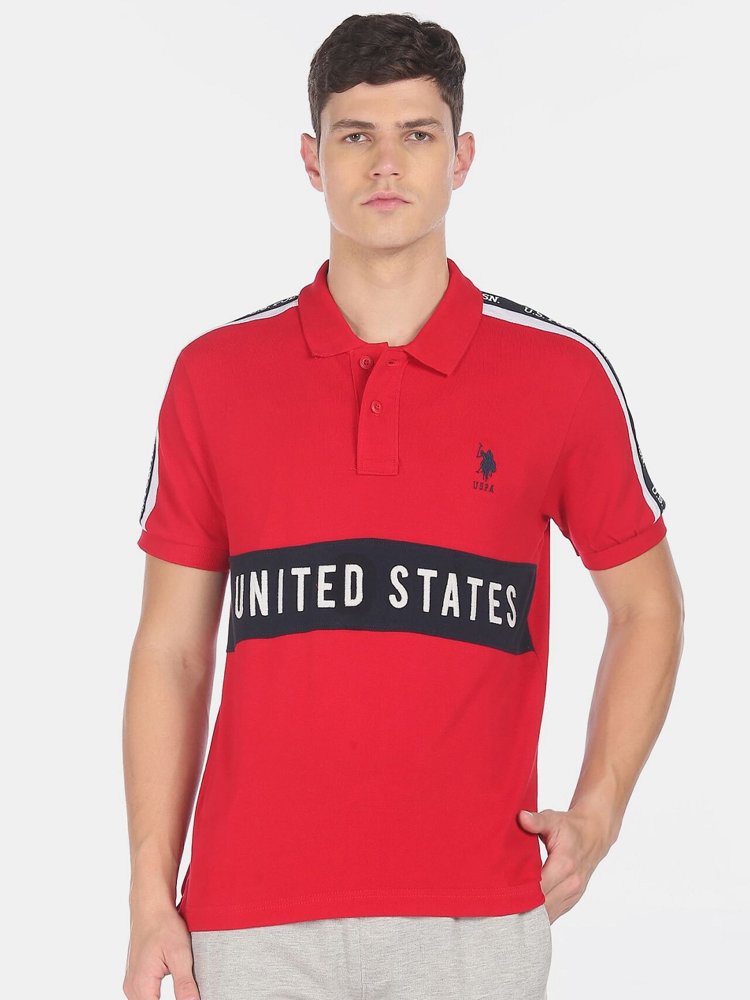 

U.S. Polo Assn. Men Red Typography Polo Collar Cotton T-shirt