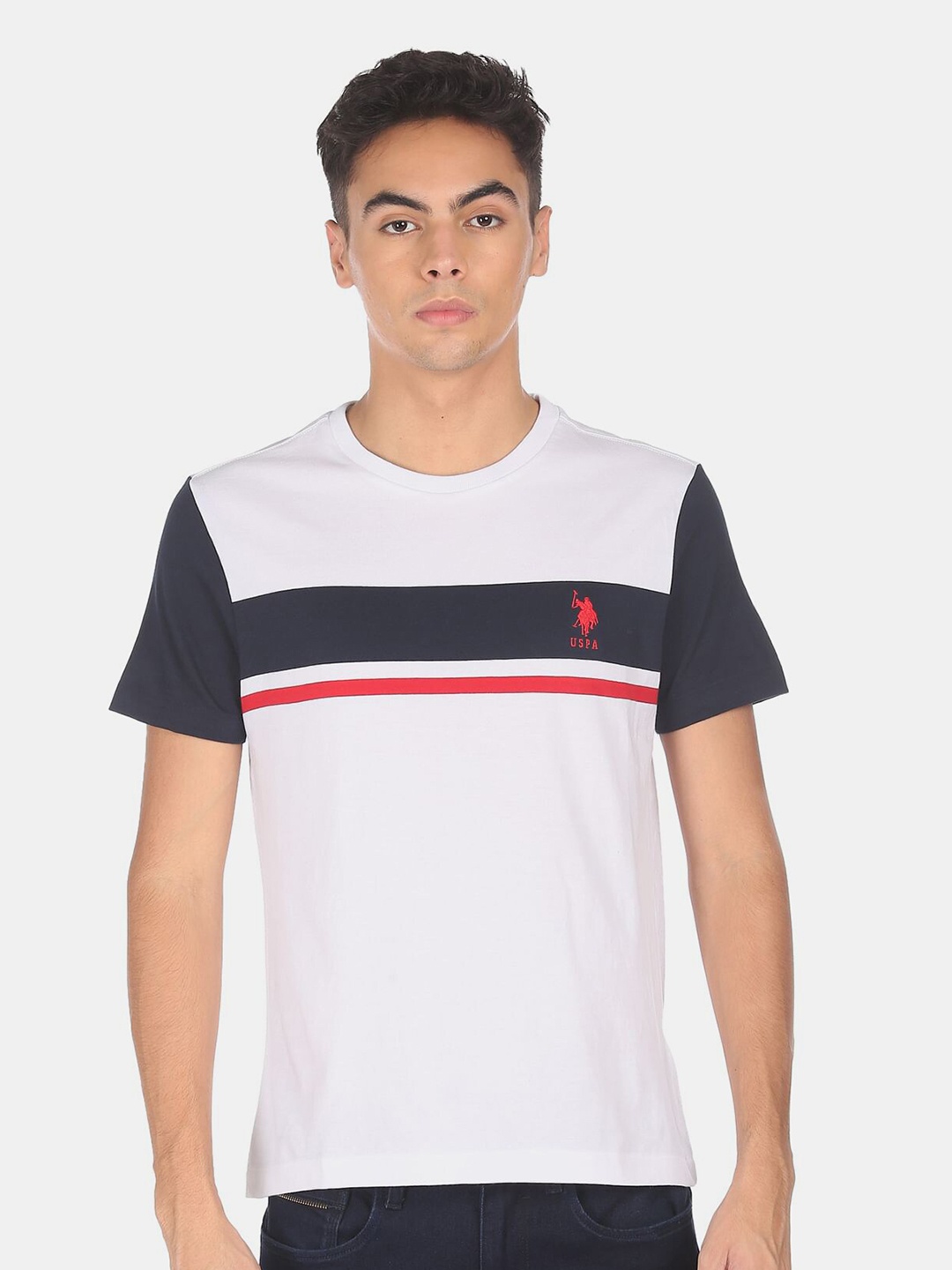 

U S Polo Assn Men White Colourblocked Applique T-shirt