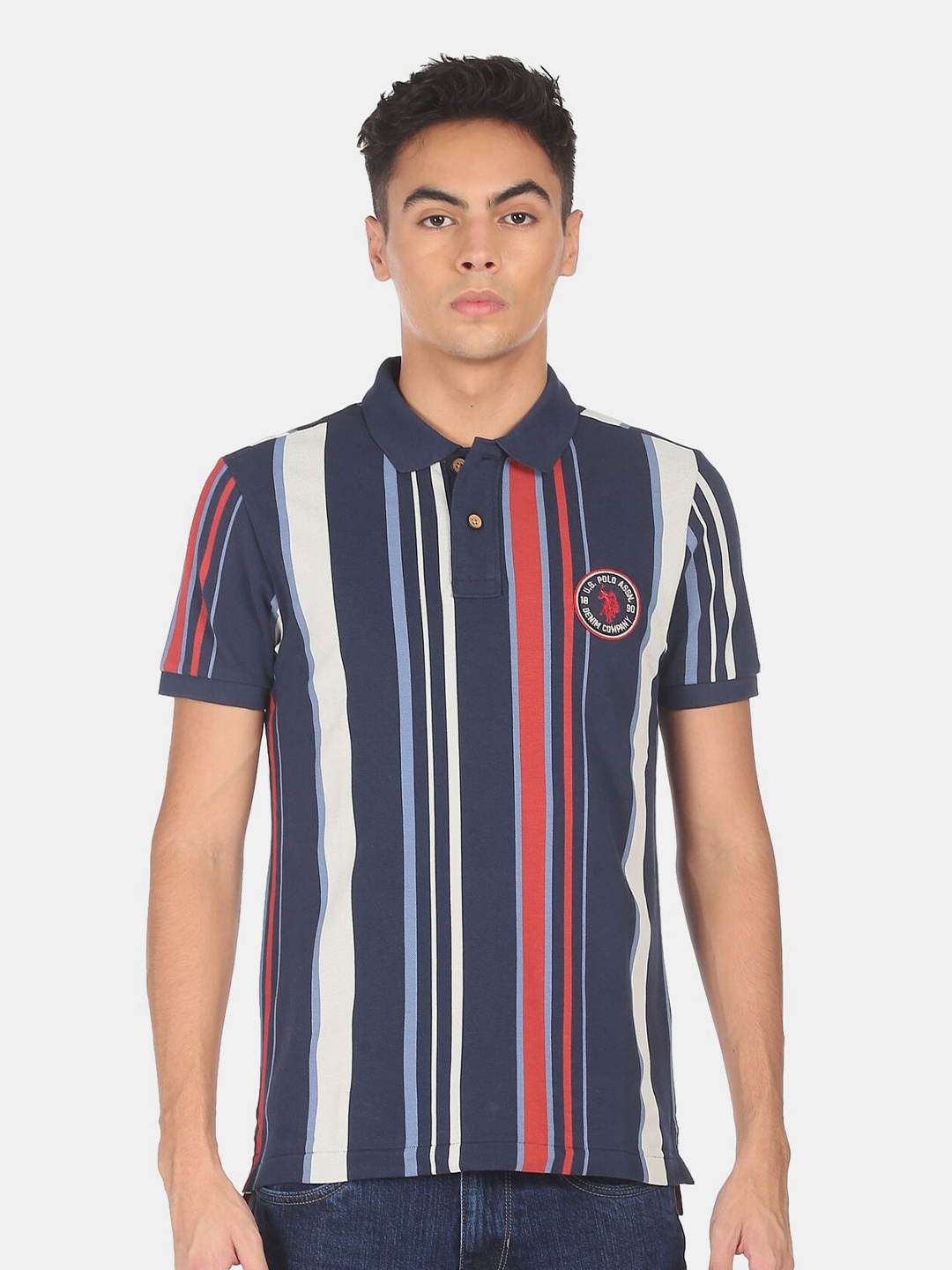 

U.S. Polo Assn. Denim Co. Men Blue & Red Striped Cotton Polo Collar T-shirt