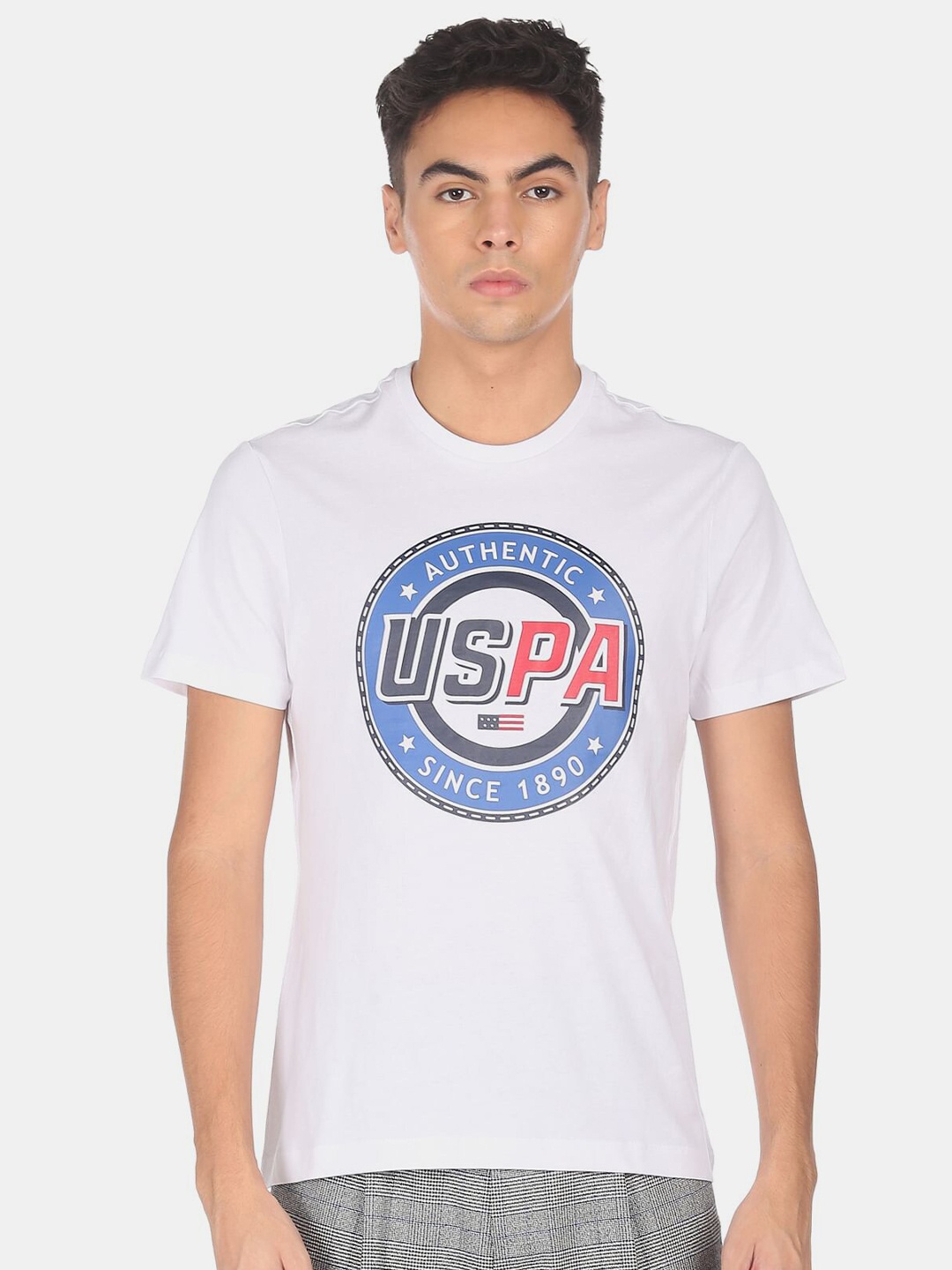 U S Polo Assn Men White Typography Printed Pure Cotton T-shirt