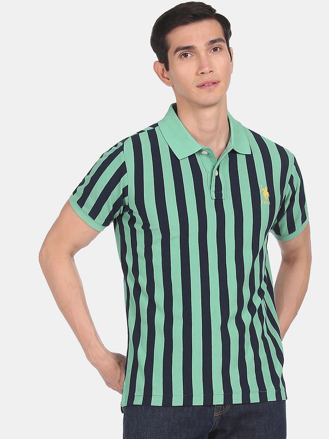 

U S Polo Assn Men Sea Green & Navy Blue Striped Polo Collar Cotton T-shirt