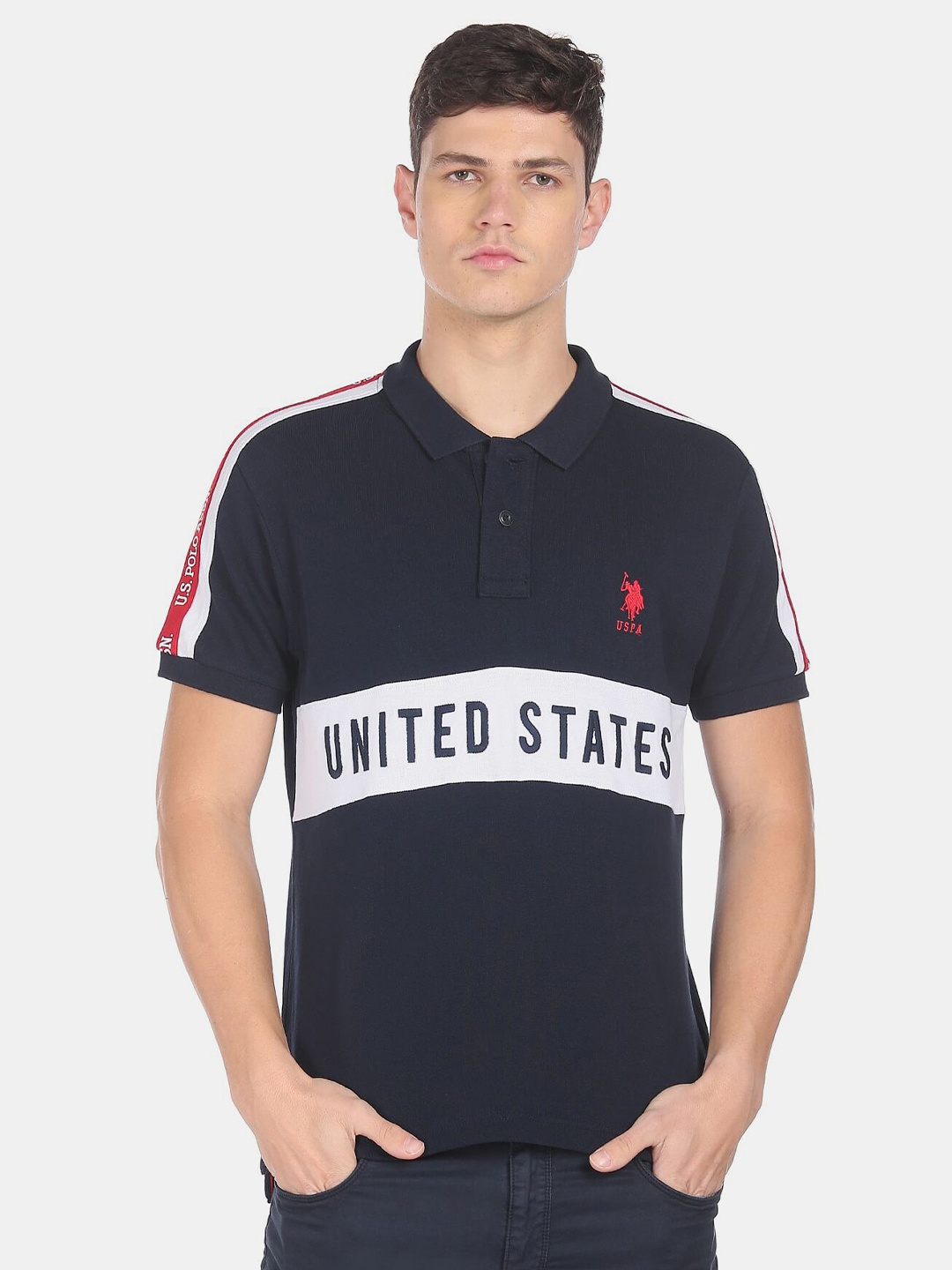 

U S Polo Assn Men Blue Typography Colourblocked Polo Collar T-shirt