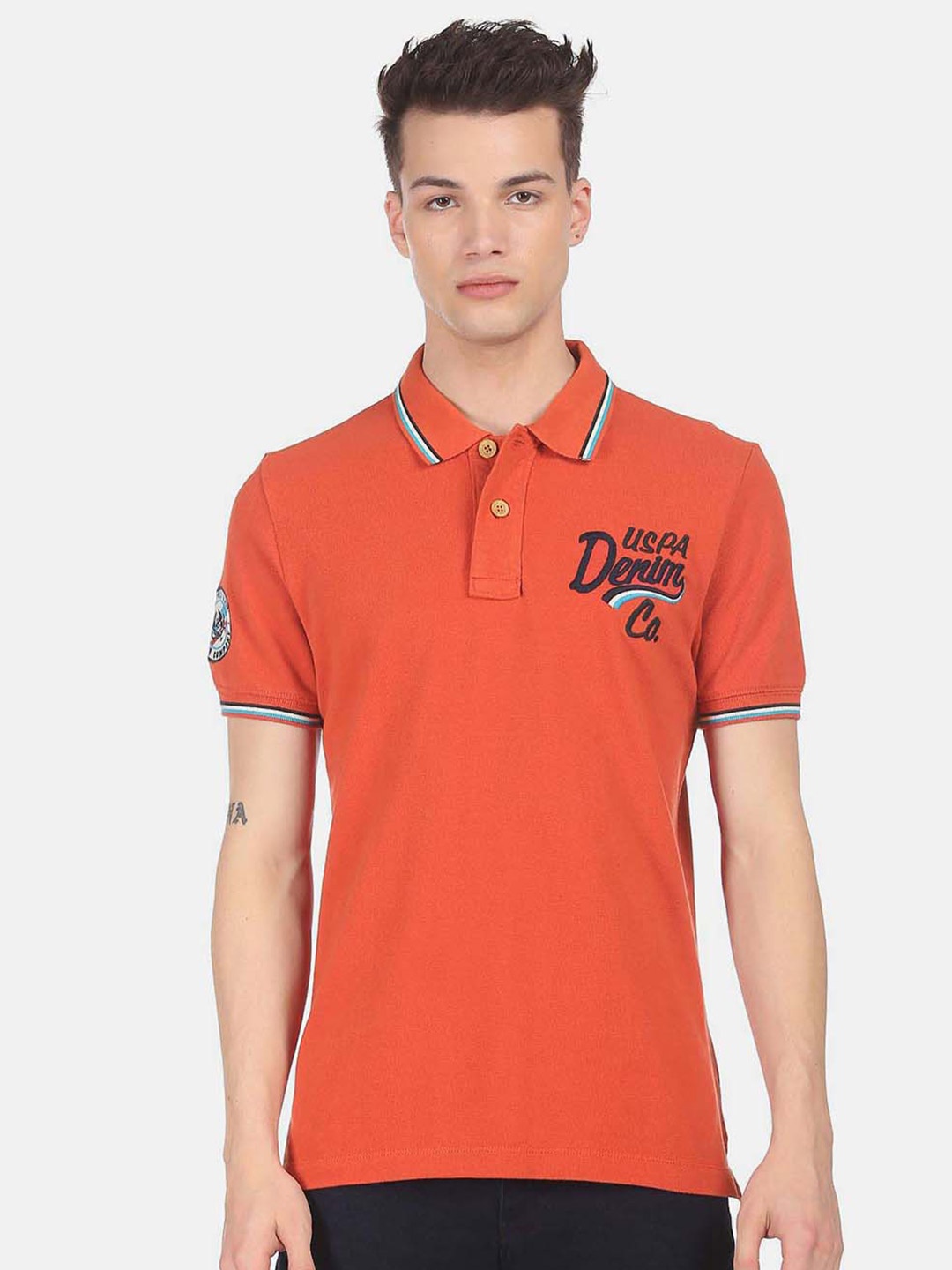 

U.S. Polo Assn. Denim Co. Men Orange Polo Collar Applique Cotton T-shirt