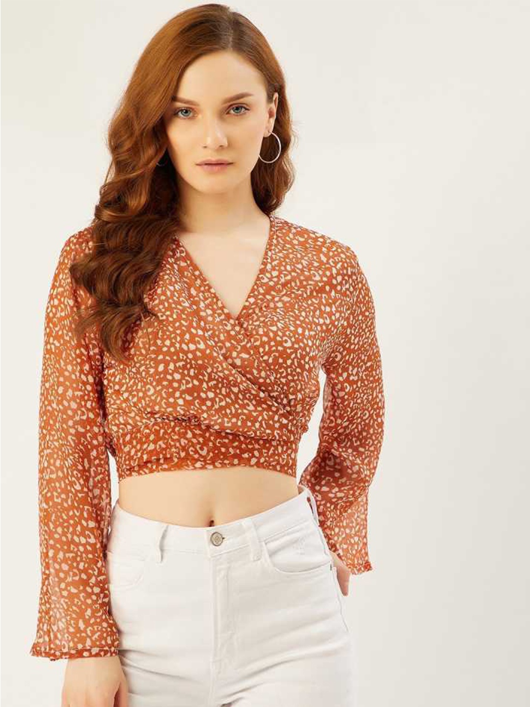 

ANVI Be Yourself Rust Printed Chiffon Wrap Crop Top