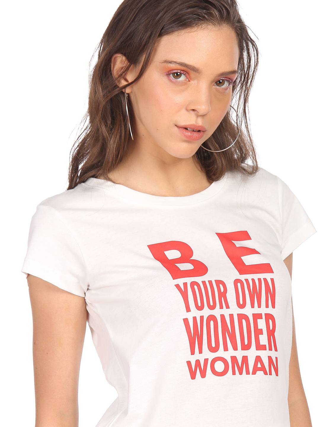 

Sugr Women White & Red Typography Printed Pure Cotton T-shirt