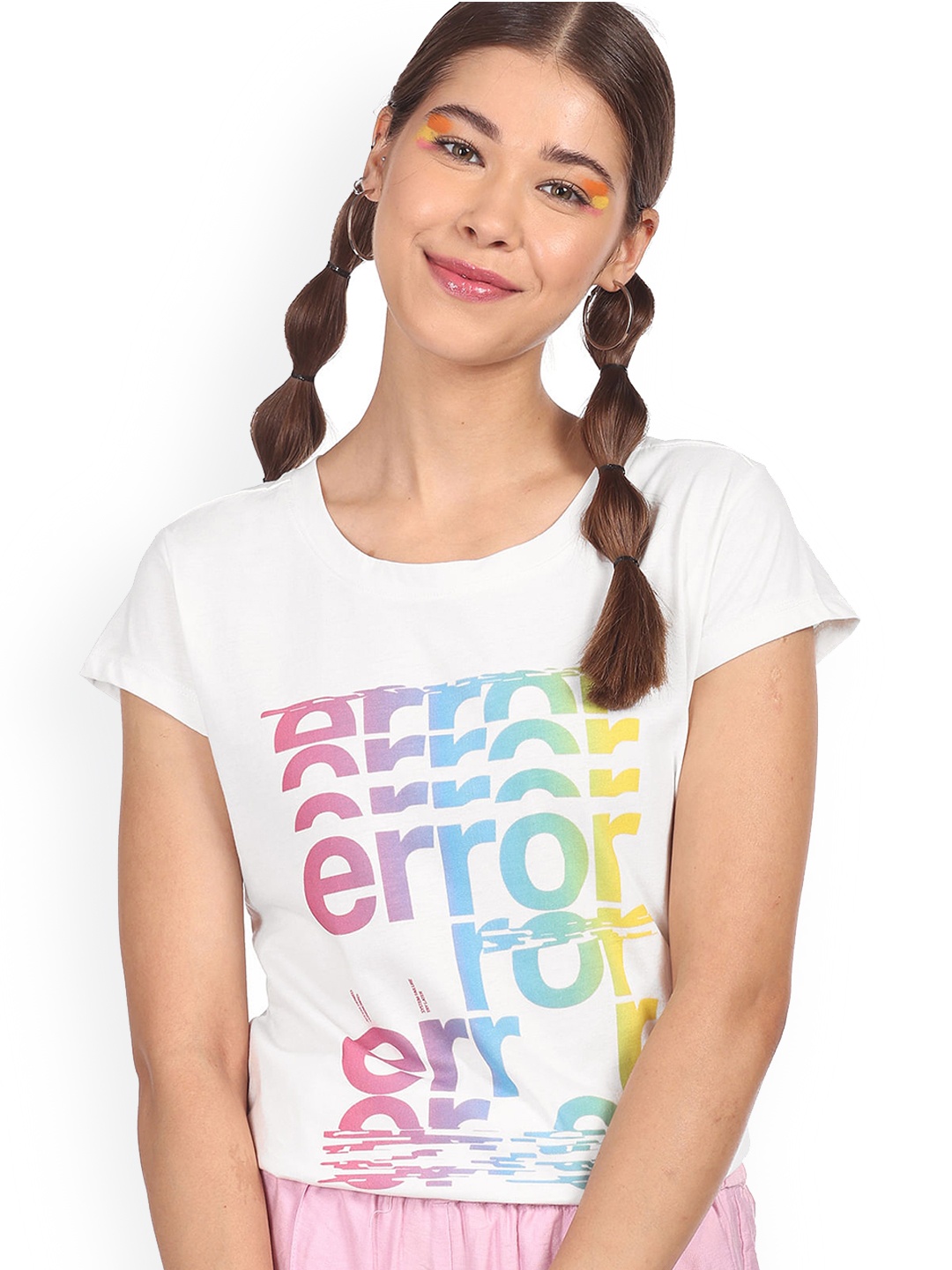 

Sugr Women White Typography Printed Cotton T-shirt