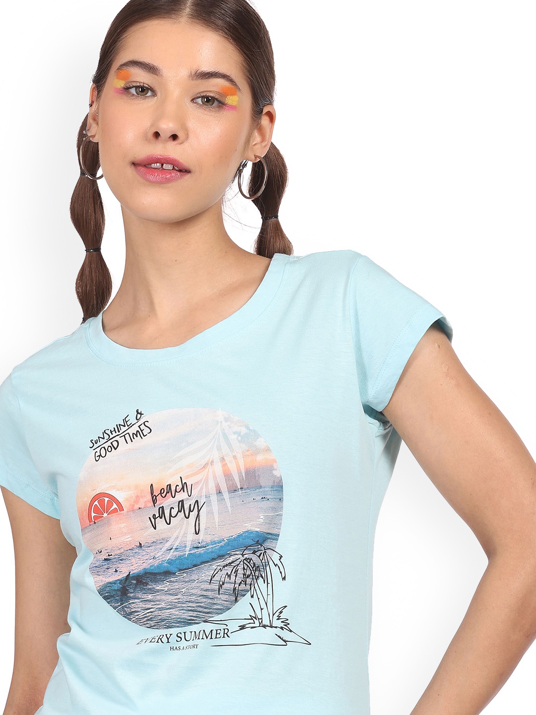 

Sugr Women Blue & Black Printed Pure Cotton T-shirt