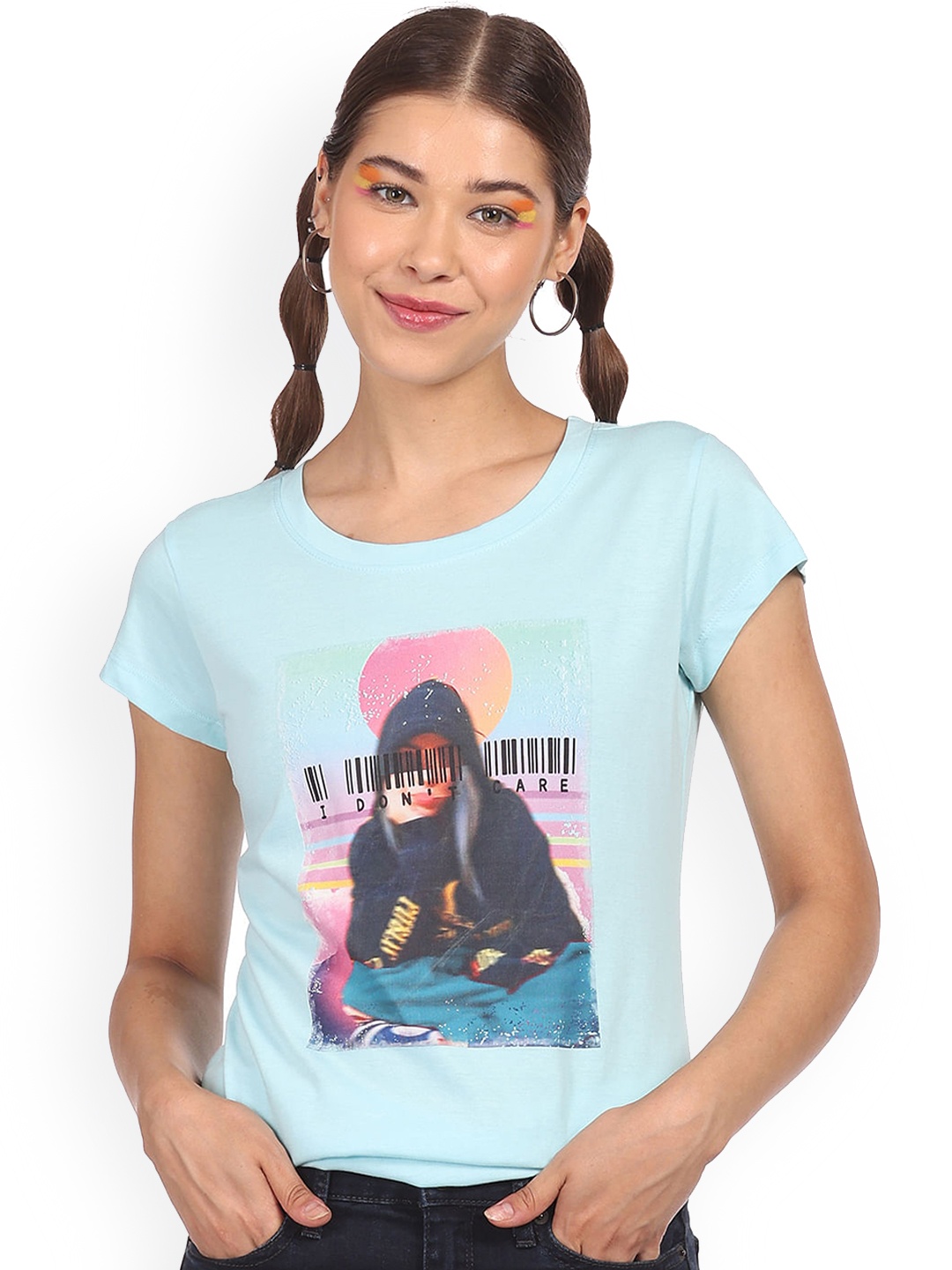 

Sugr Women Blue Printed Cotton T-shirt