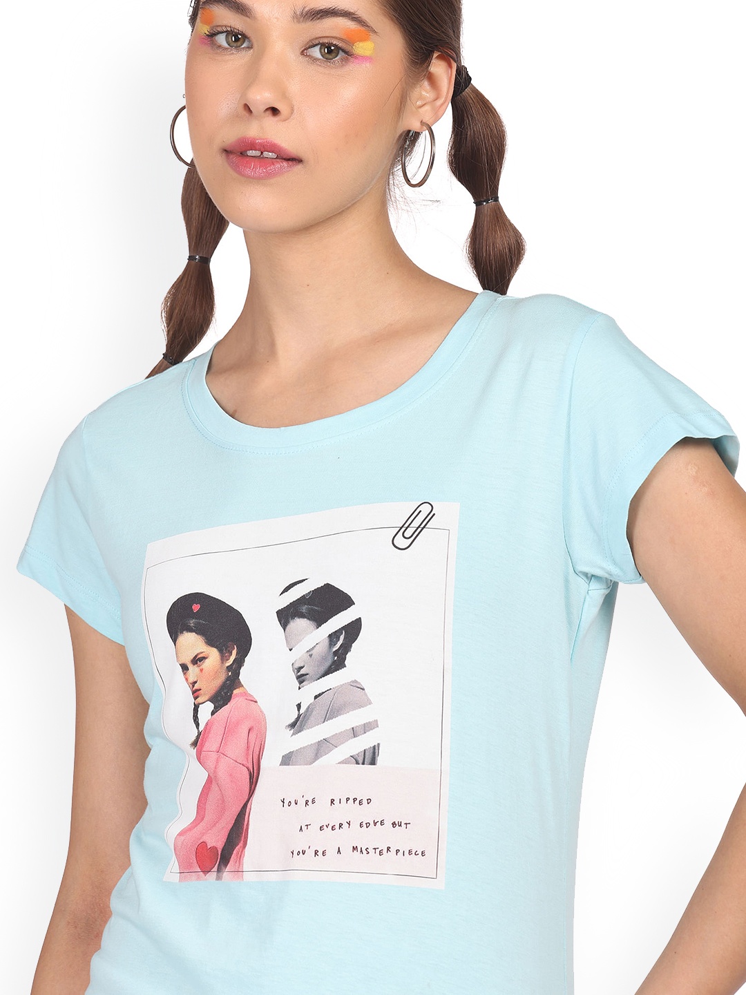 

Sugr Women Turquoise Blue & Grey Pure Cotton Printed T-shirt