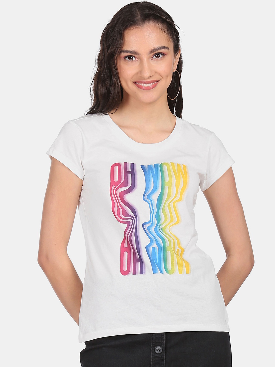 

Sugr Women White Printed Cotton T-shirt