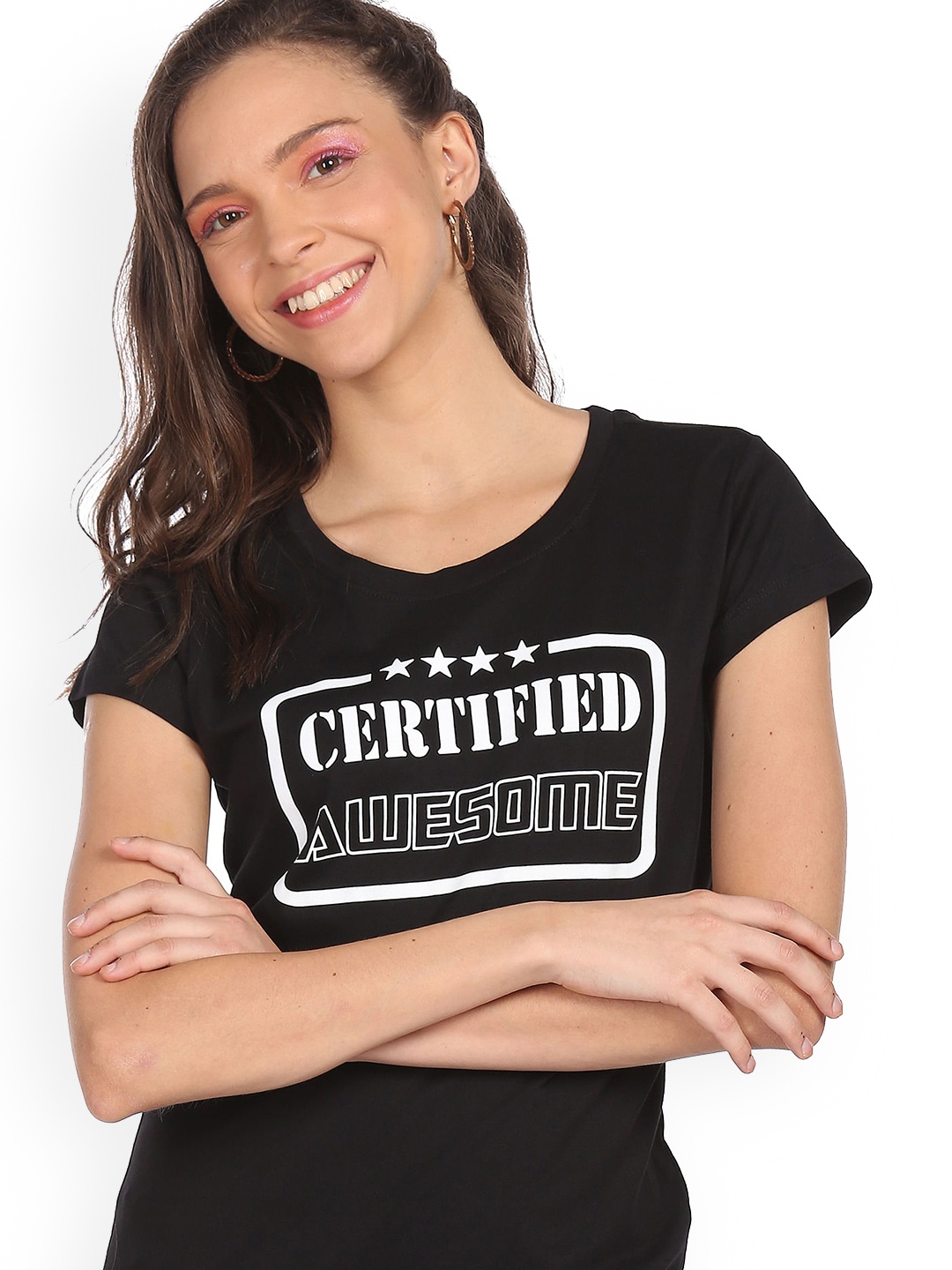 

Sugr Women Black Typography Printed Extended Sleeves T-shirt