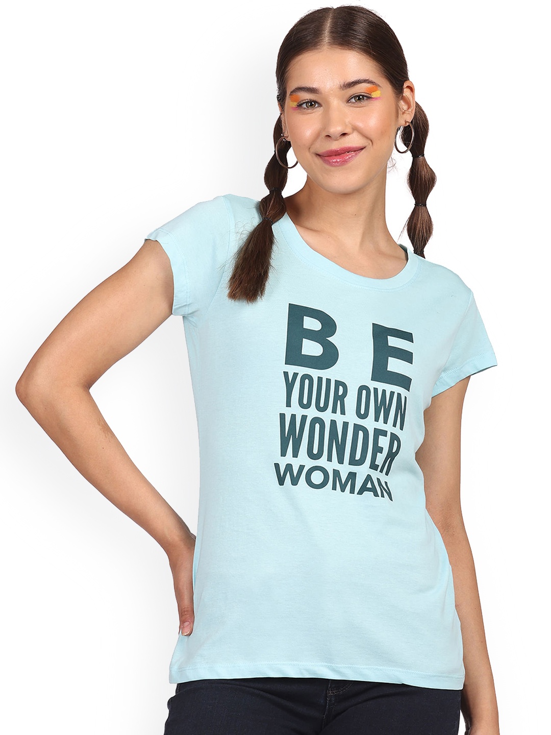 

Sugr Women Blue Typography Printed Pure Cotton T-shirt