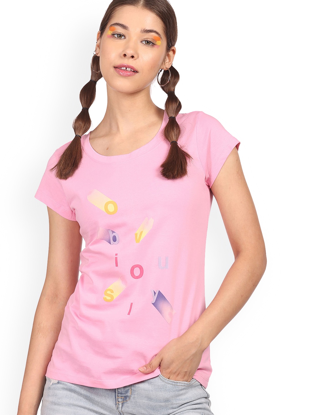 

Sugr Women Pink & Yellow Printed Pure Cotton T-shirt